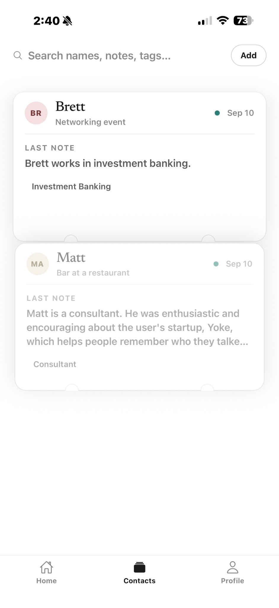 STARTR beta contacts screen with example cards